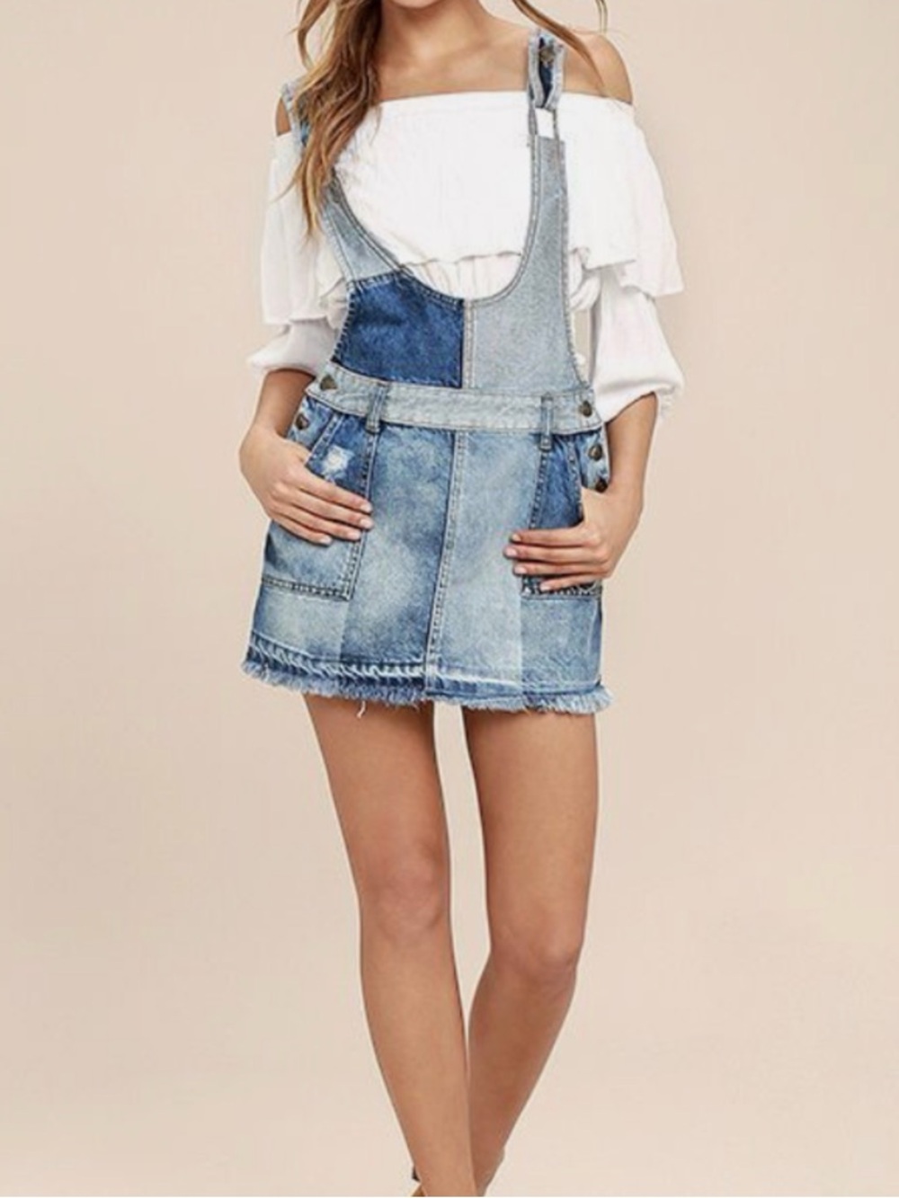 Free People Patchwork Denim Overall Skirt Size 2